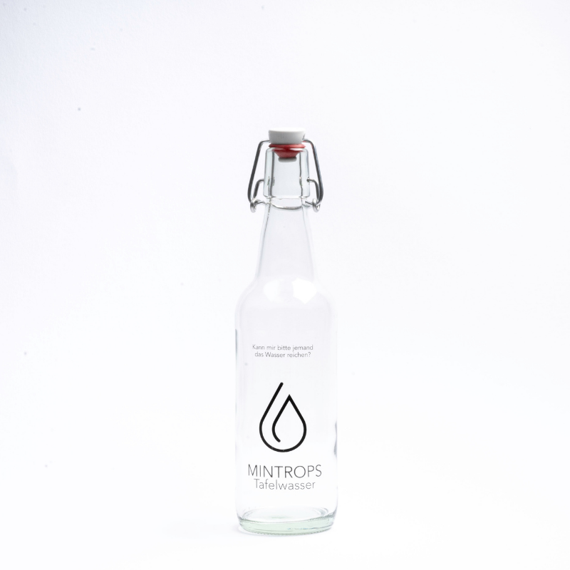 Bedruckte Bügelverschlussflasche Mintdrops-Logo Produktbeispiel: transparente Bügelverschlussflasche mit Design und Logo von Mintdrops
