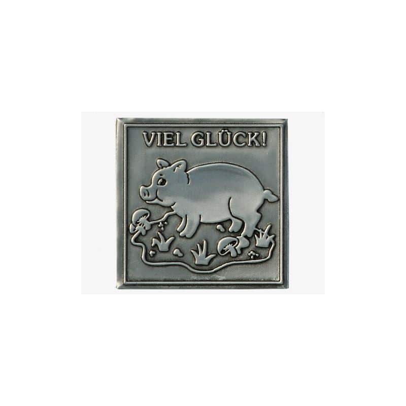 Zinnetikett 'Viel Glück', quadratisch, Metall, silber