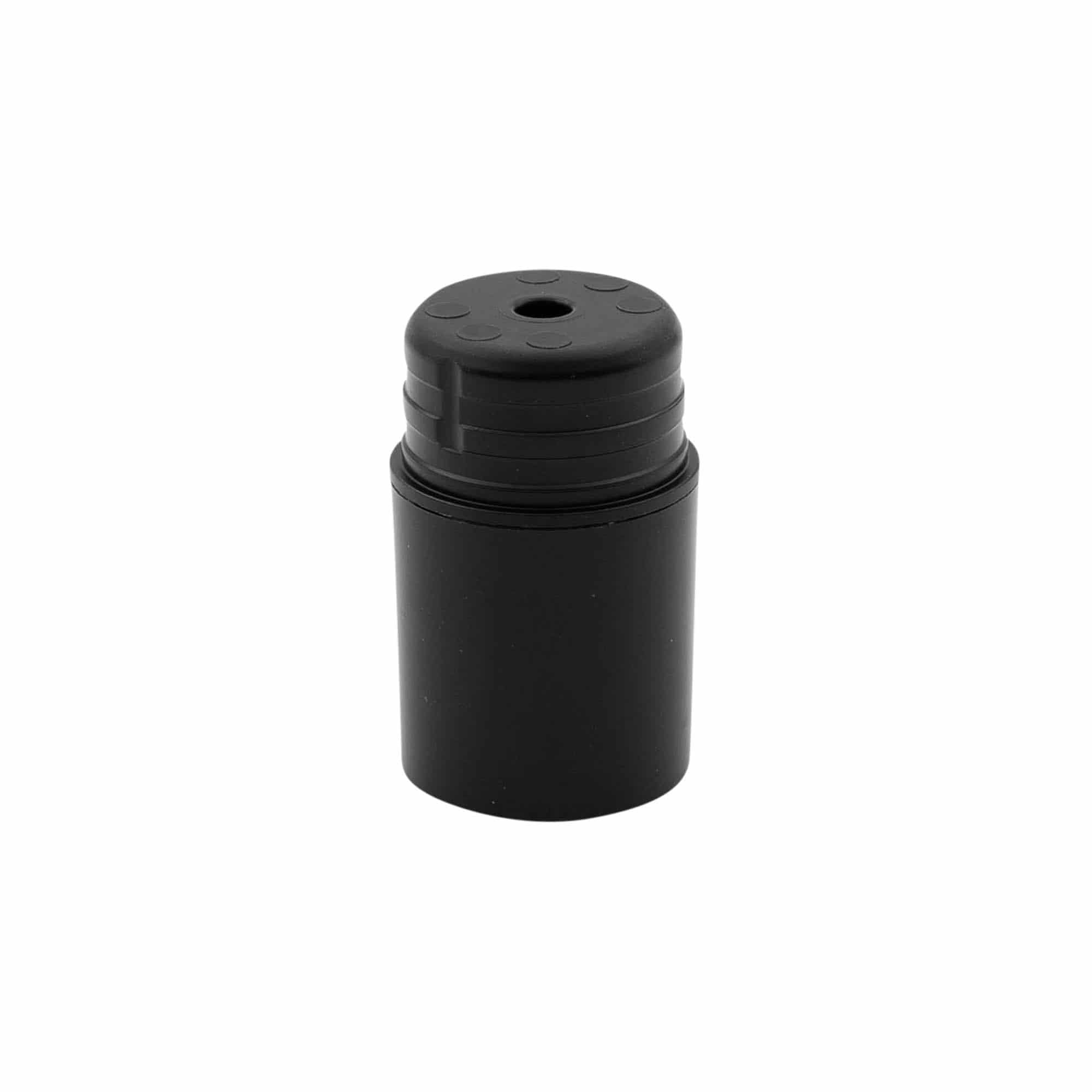 Airless Dispenser Pumpkopf „Nano“, PP-Kunststoff, schwarz mit schwarzer Kappe