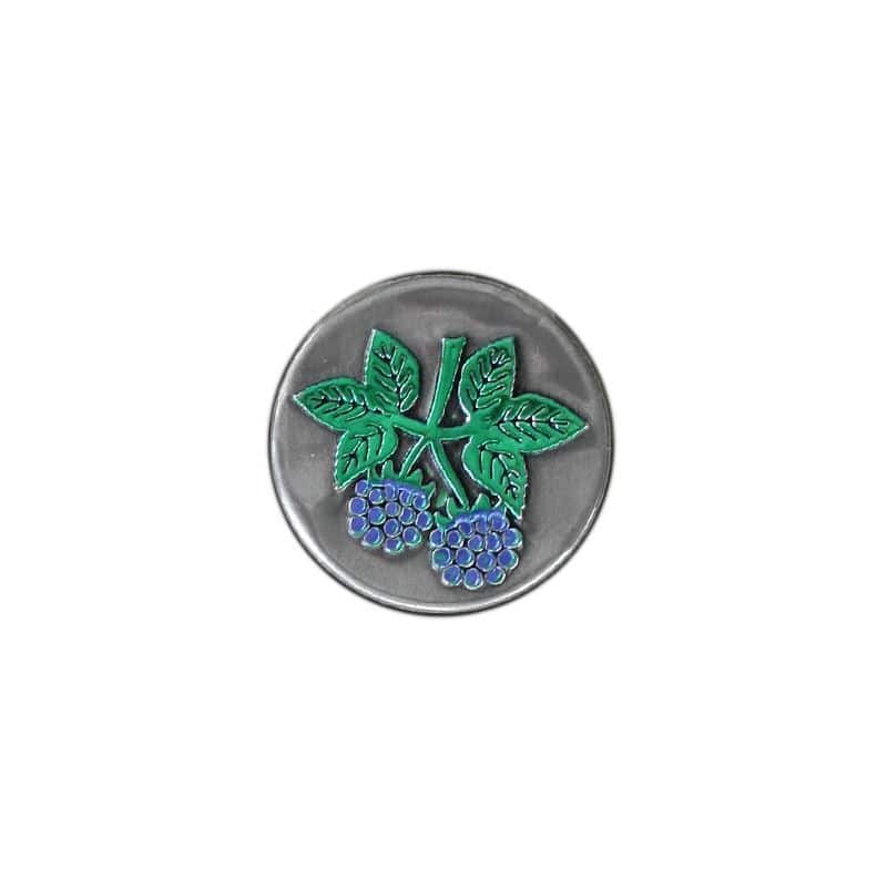 Zinnetikett 'Brombeere', rund, Metall, silber Zinnetikett 'Brombeere', rund, Metall, silber