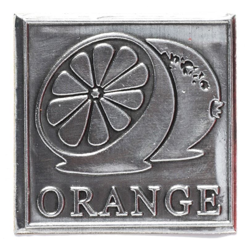 Zinnetikett „Orange“, quadratisch, Metall, silber