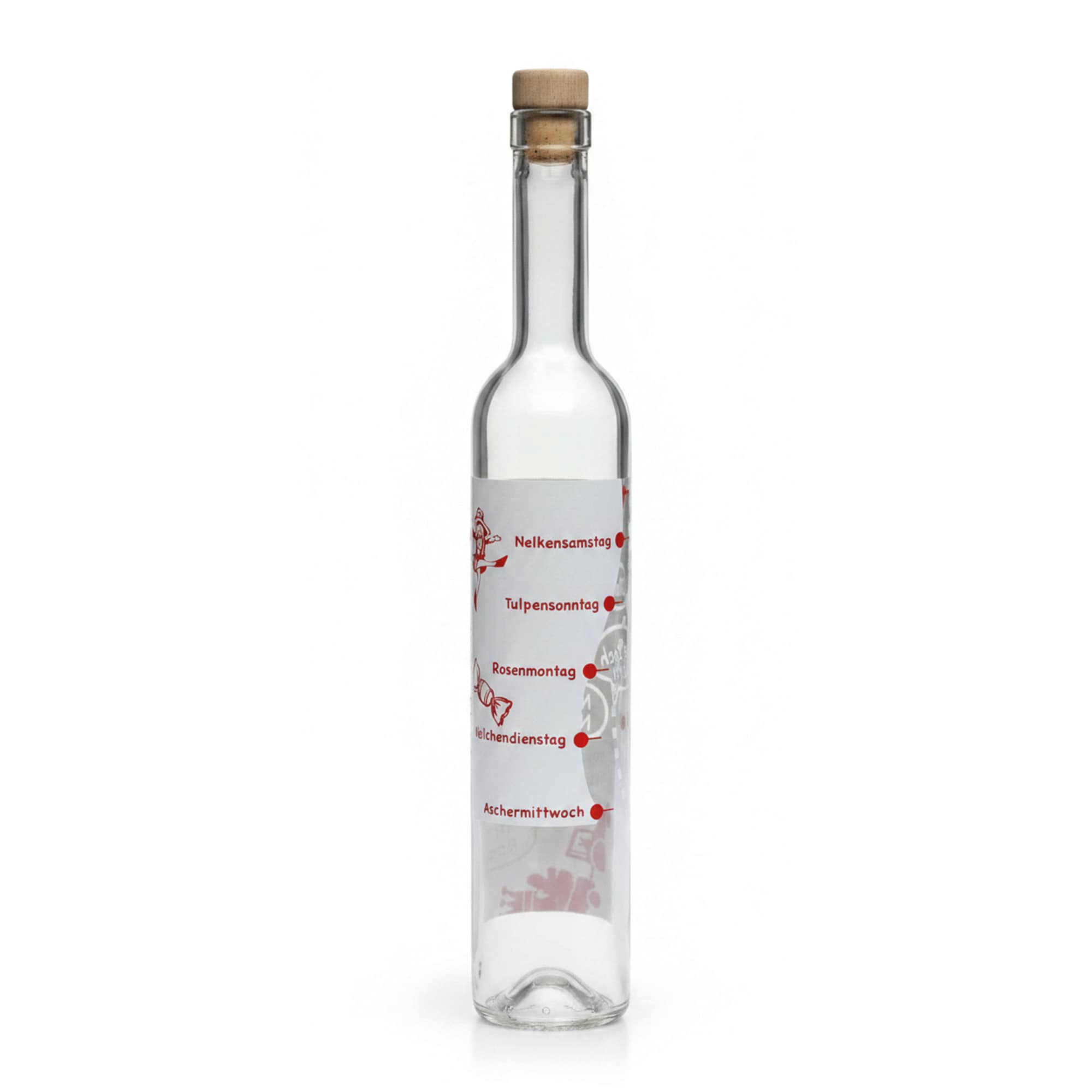 500 ml Glasflasche Maximo bedruckt „Karneval“, Mündung: Kork