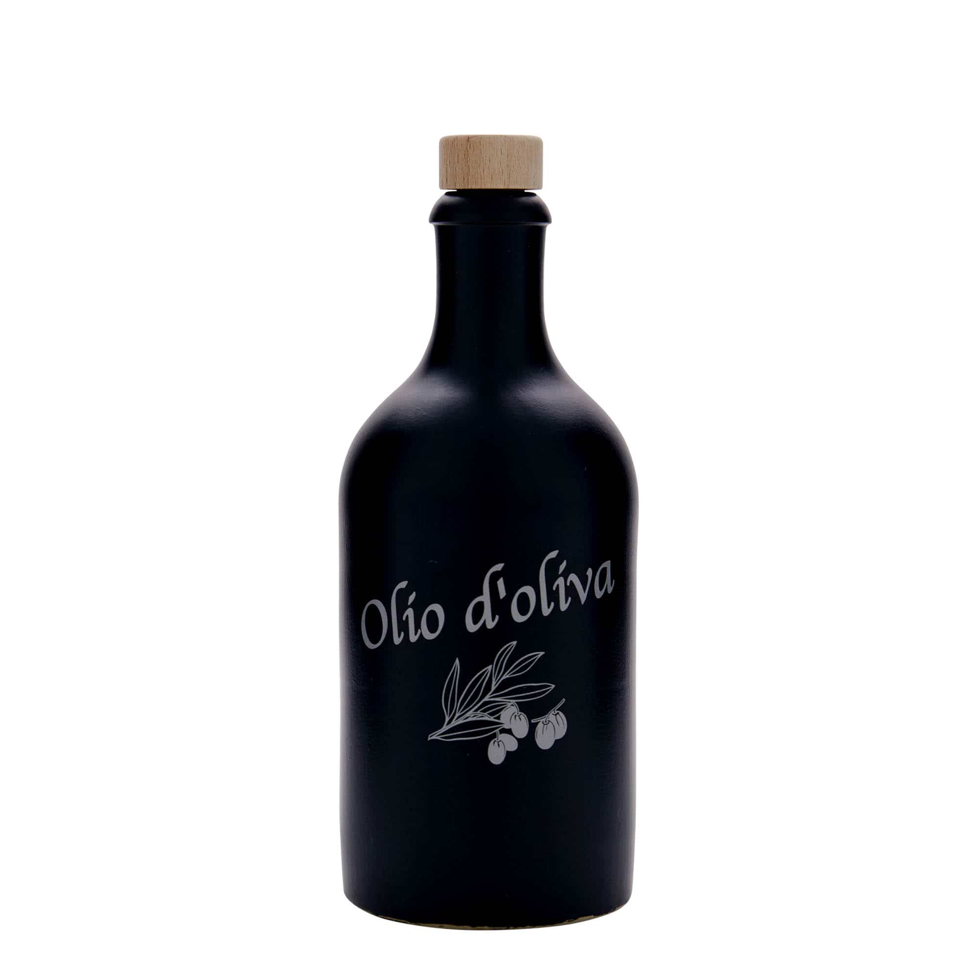 500 ml Tonkrug, Motiv: Olio d'Oliva, Steinzeug, schwarz, Mündung: Kork
