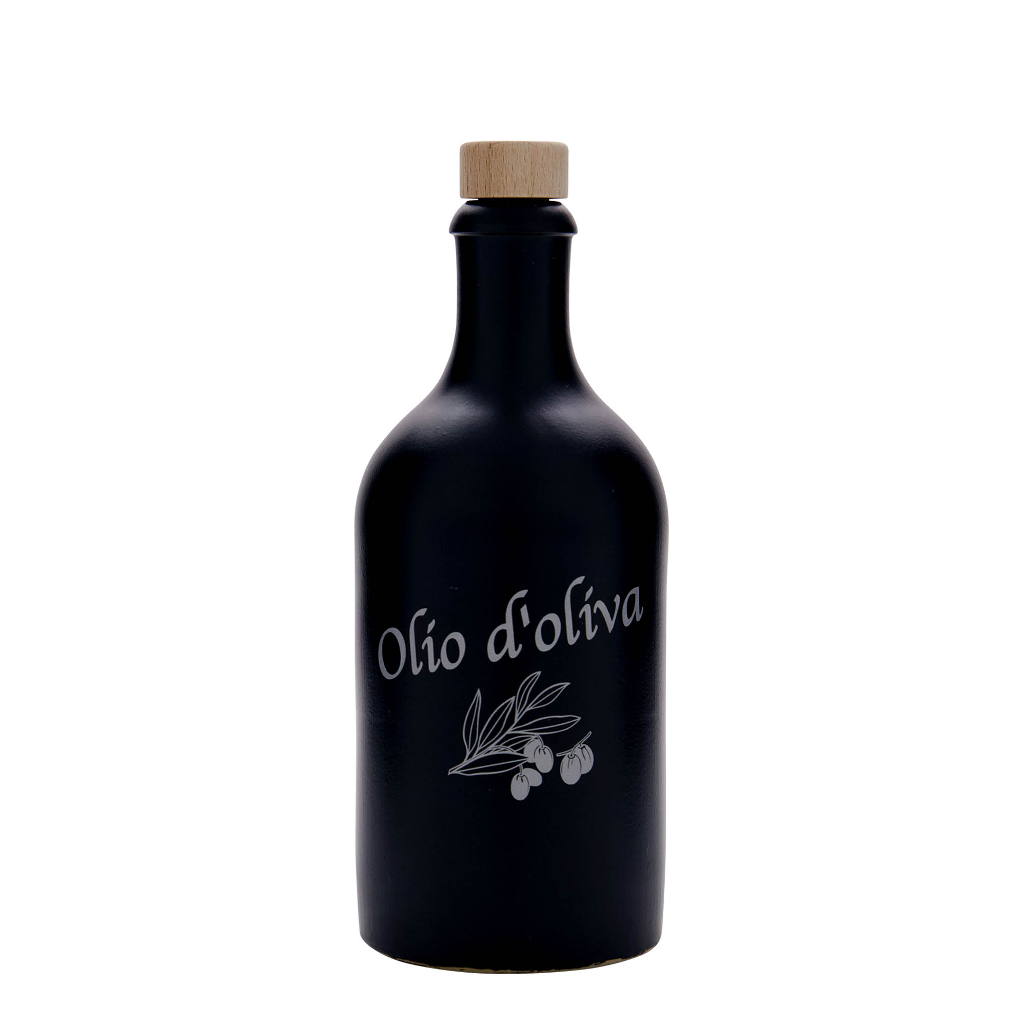 500 ml Tonkrug, Motiv: Olio d'Oliva, Steinzeug, schwarz, Mündung: Kork 500 ml Tonkrug, Motiv: Olio d'Oliva, Steinzeug, schwarz, Mündung: Kork