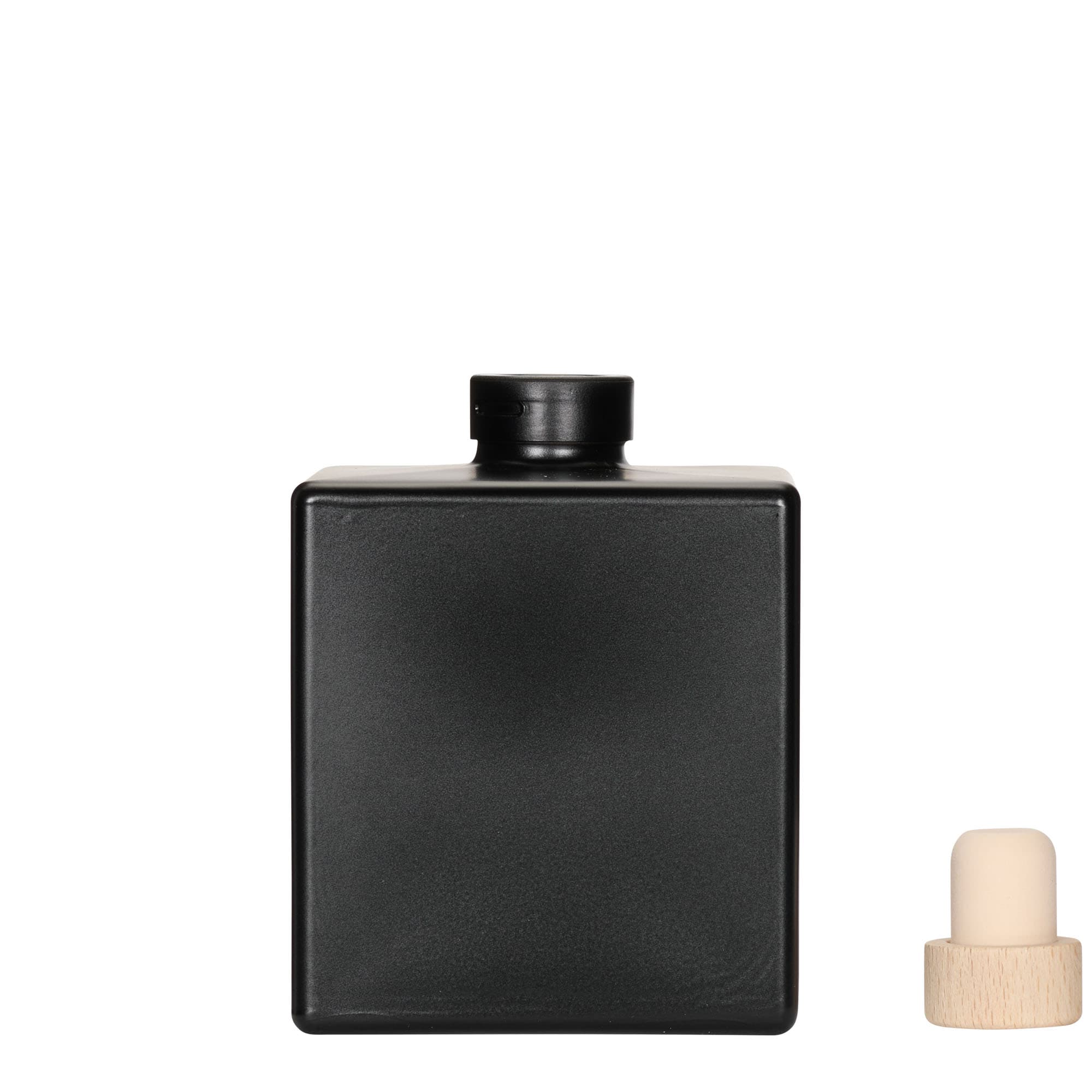 500 ml Glasflasche „Cube“, quadratisch, schwarz, Mündung: Kork