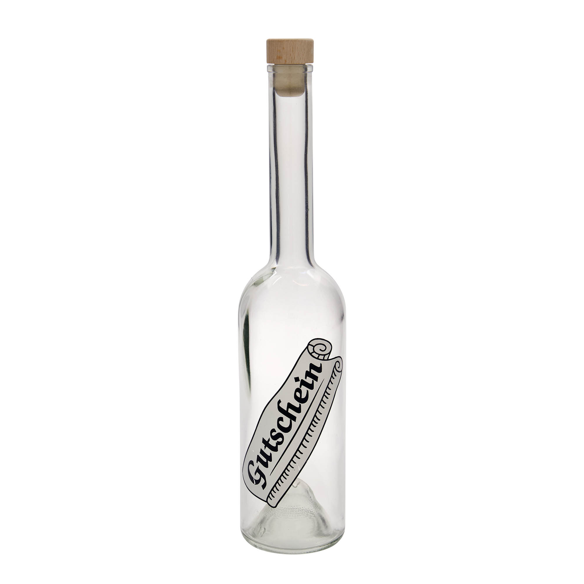 500 ml Glasflasche 'Opera', Motiv: Gutschein, Mündung: Kork 500 ml Glasflasche 'Opera', Motiv: Gutschein, Mündung: Kork
