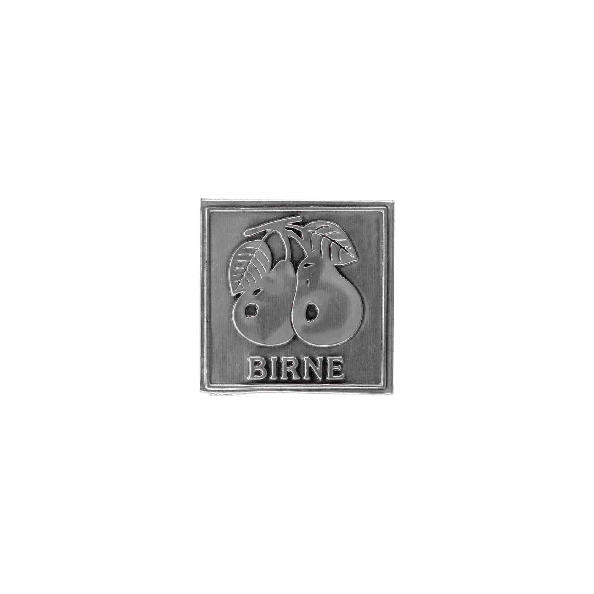 Zinnetikett 'Birne', quadratisch, Metall, silber