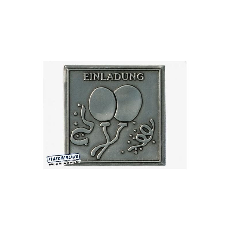 Zinnetikett „Einladung“, quadratisch, Metall, silber