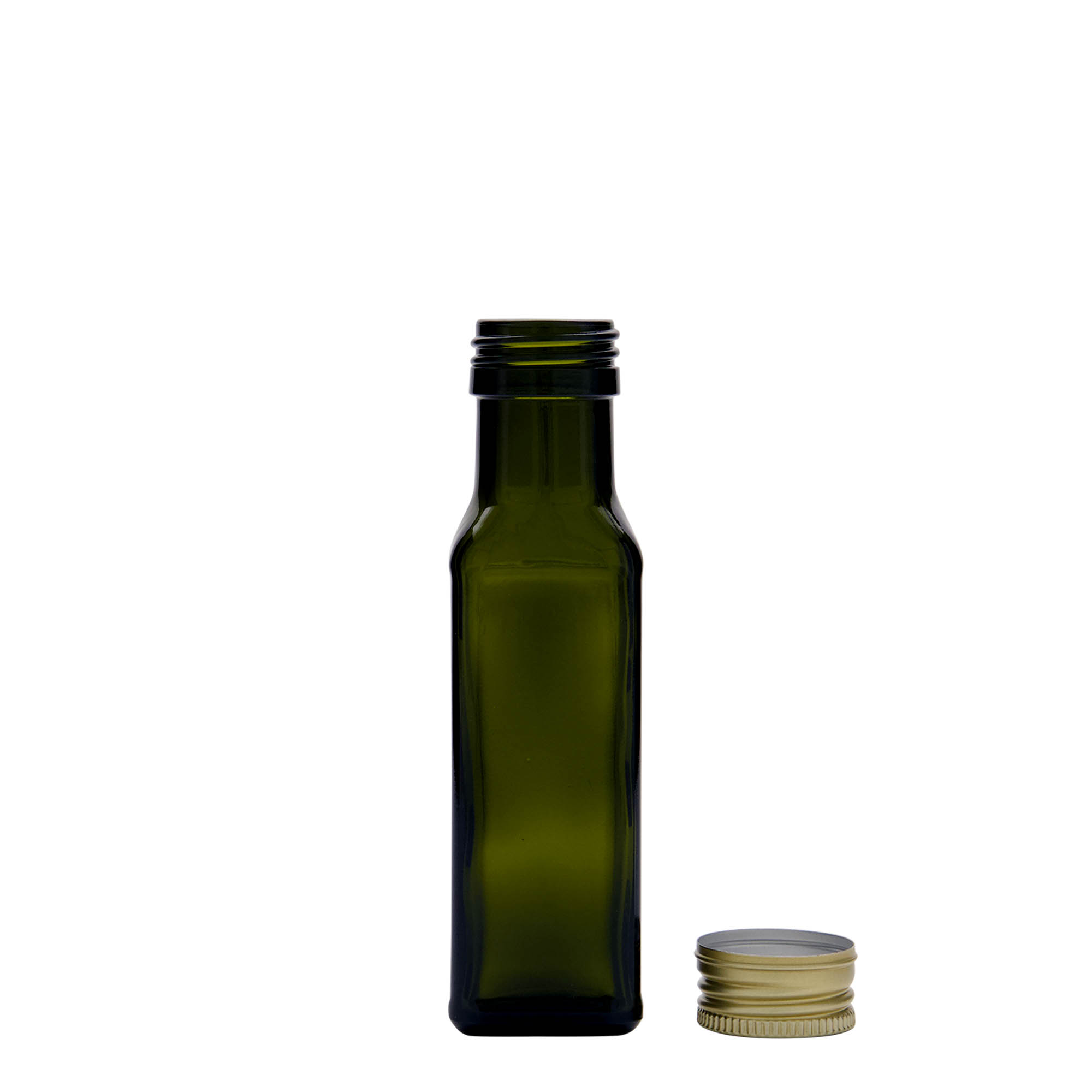 100 ml Glasflasche „Marasca“, quadratisch, antikgrün, Mündung: PP 31,5 100 ml Glasflasche „Marasca“, quadratisch, antikgrün, Mündung: PP 31,5