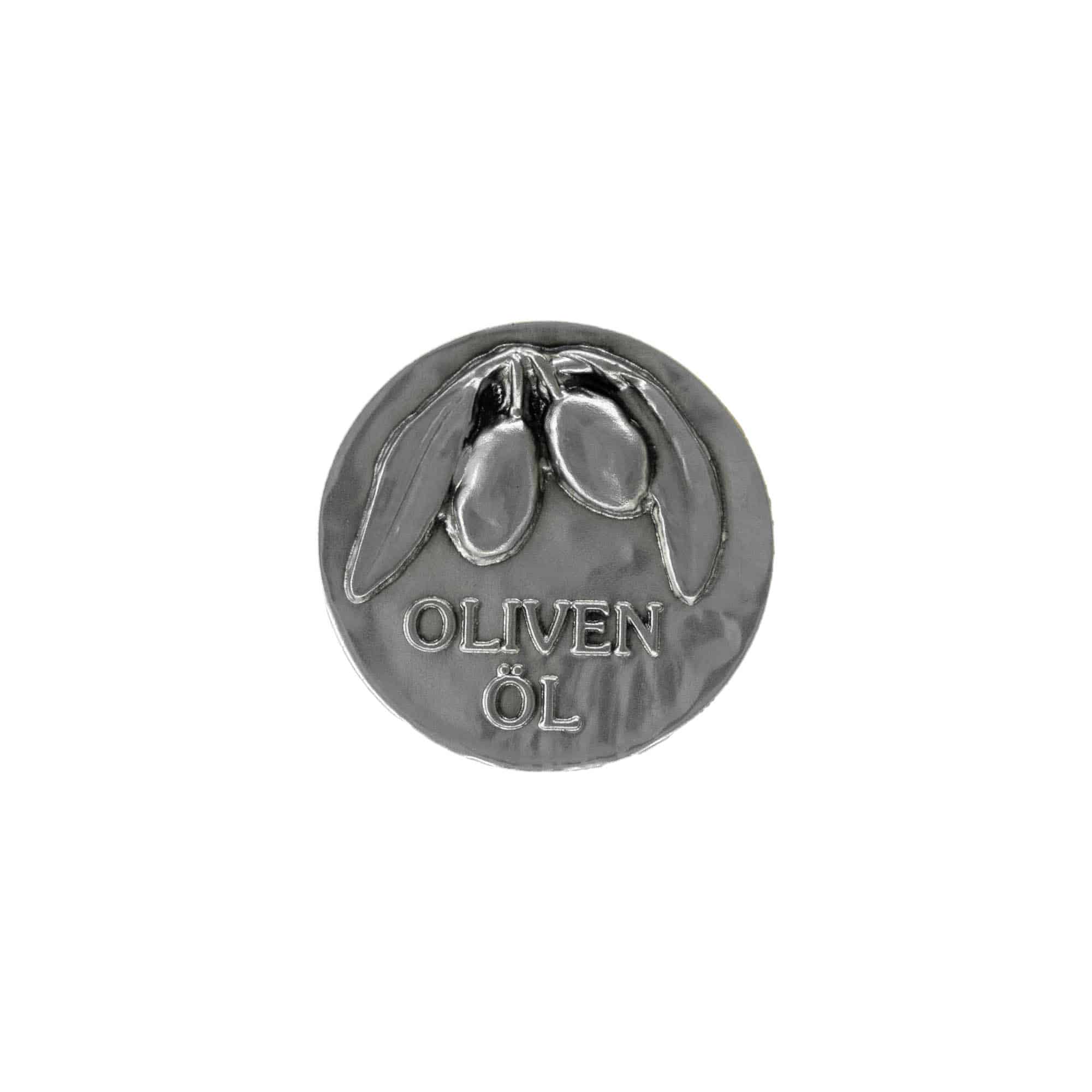 Zinnetikett „Olivenöl“, Metall, silber