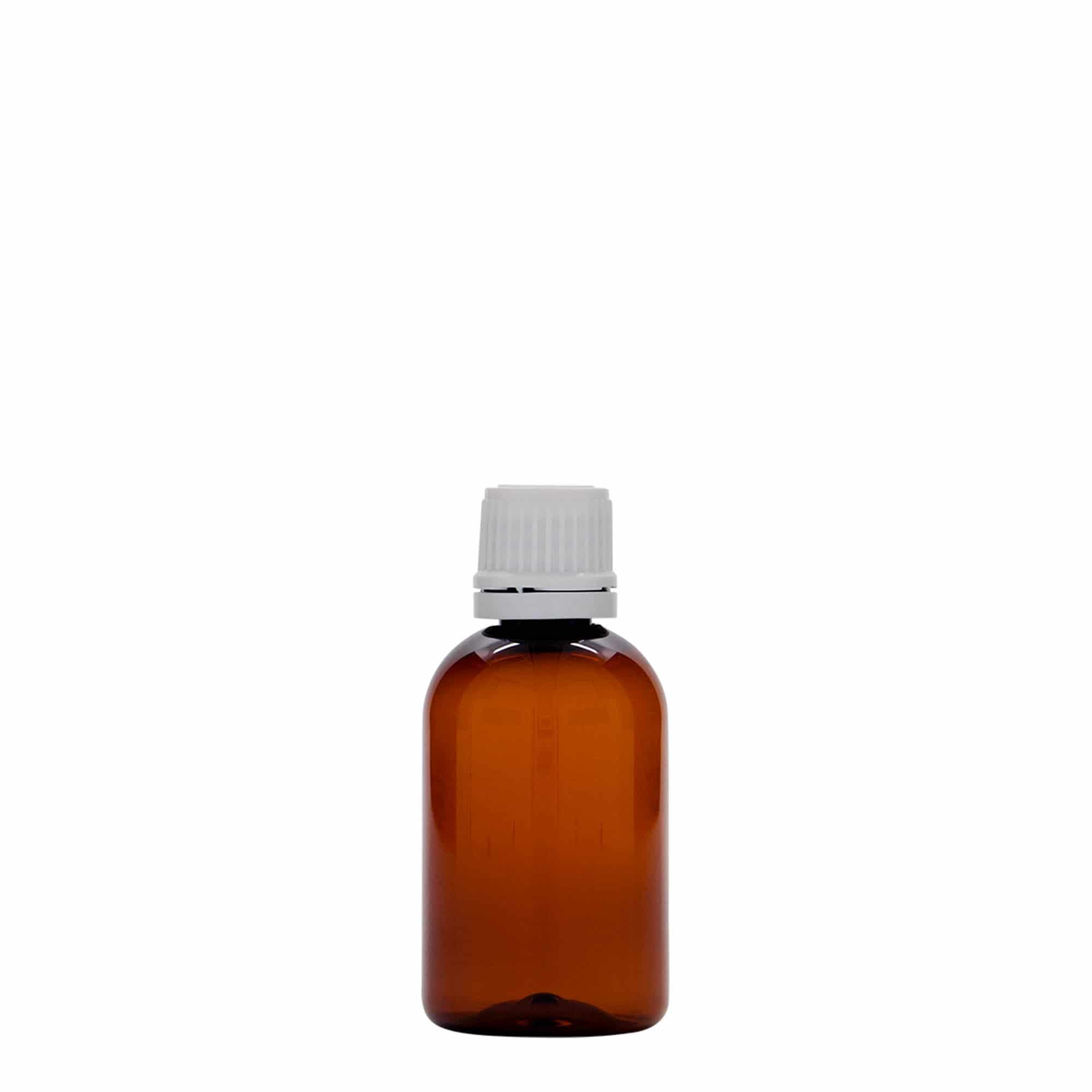 50 ml PET-Medizinflasche „Easy Living“, braun, Kunststoff, Mündung: DIN 18