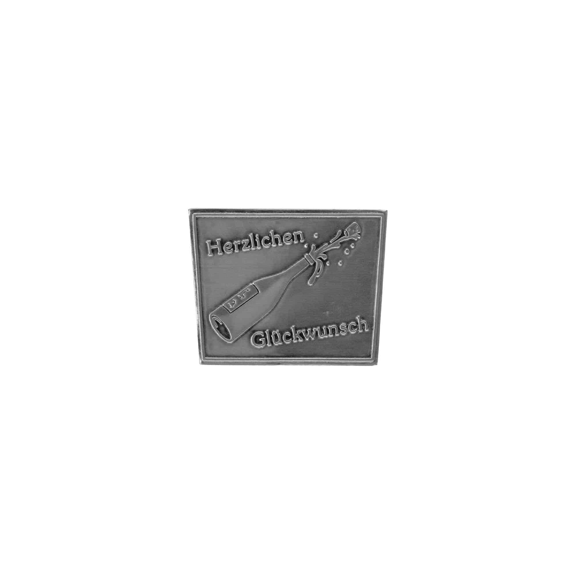Zinnetikett „Herzlichen Glückwunsch“, Trapez, Metall, silber