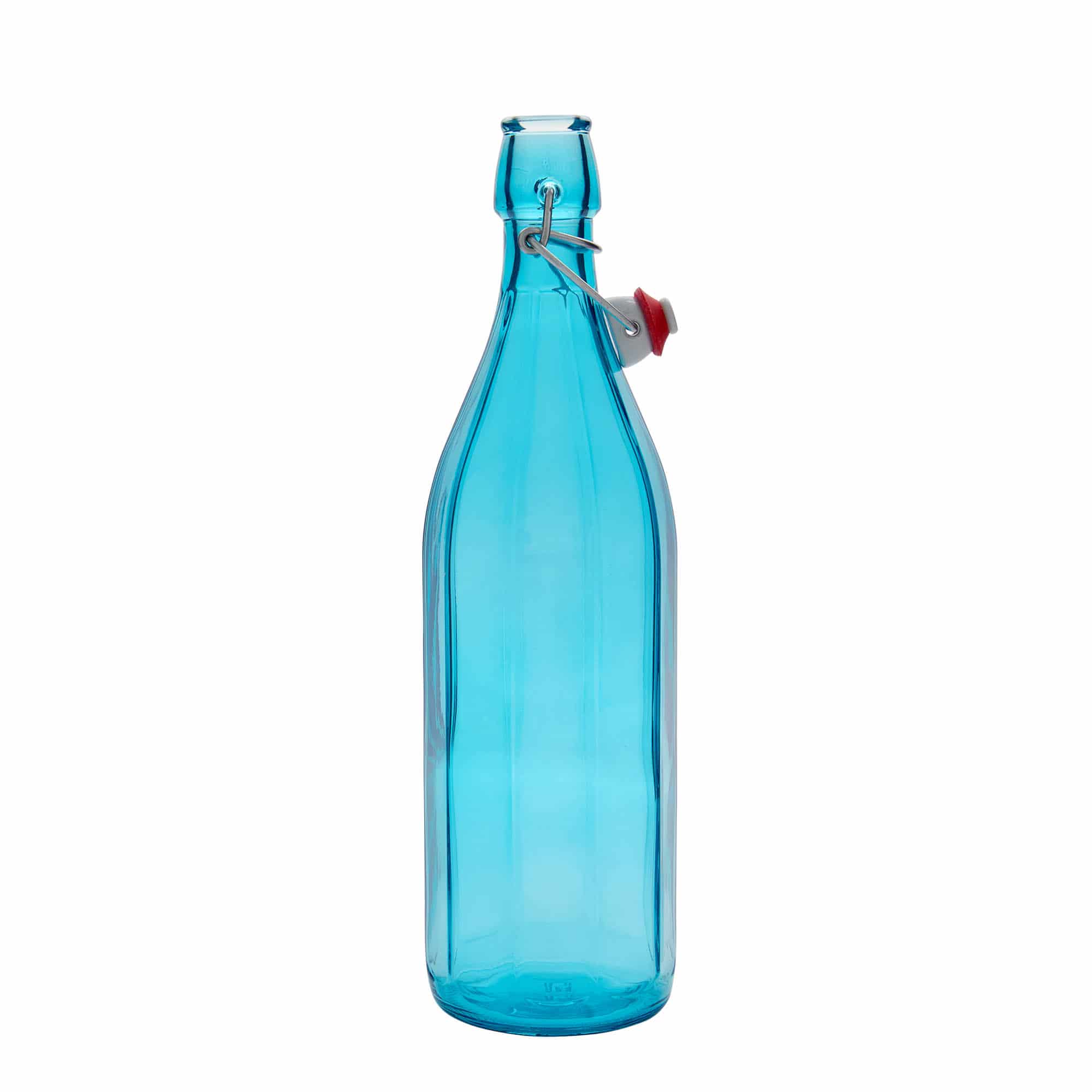 1.000 ml Glasflasche 'Oxford', zehneckig, azurblau, Mündung: Bügelverschluss