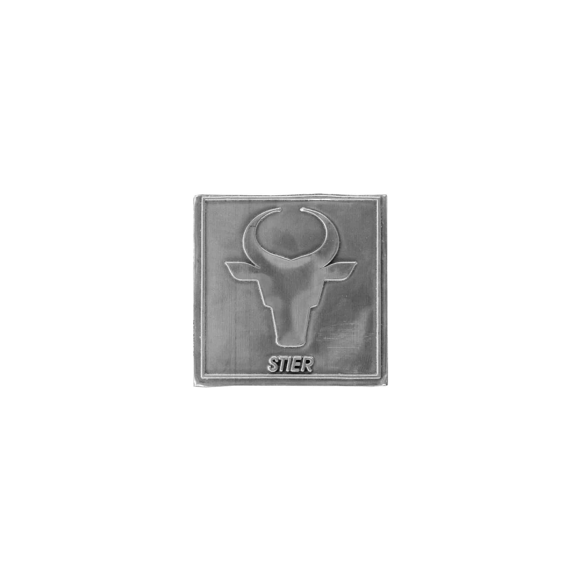 Zinnetikett „Stier“, quadratisch, Metall, silber