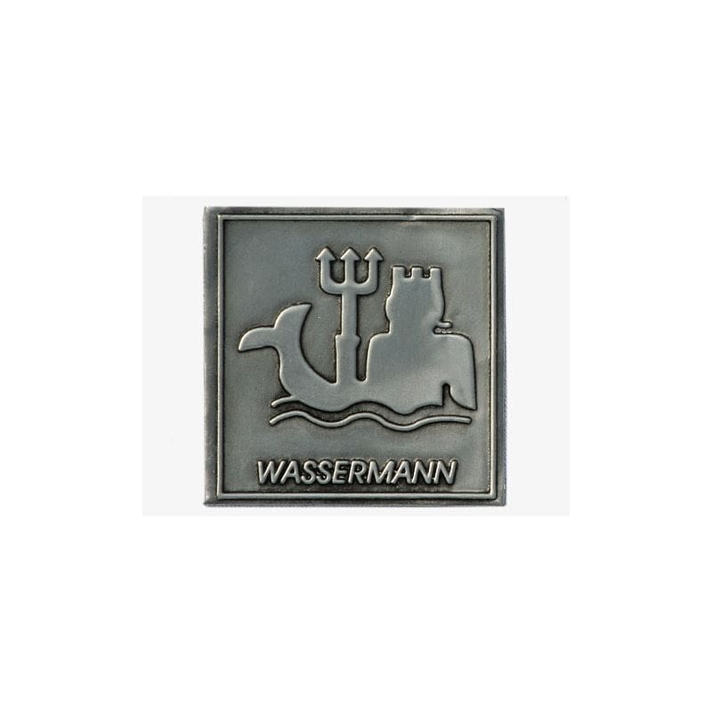 Zinnetikett „Wassermann“, quadratisch, Metall, silber