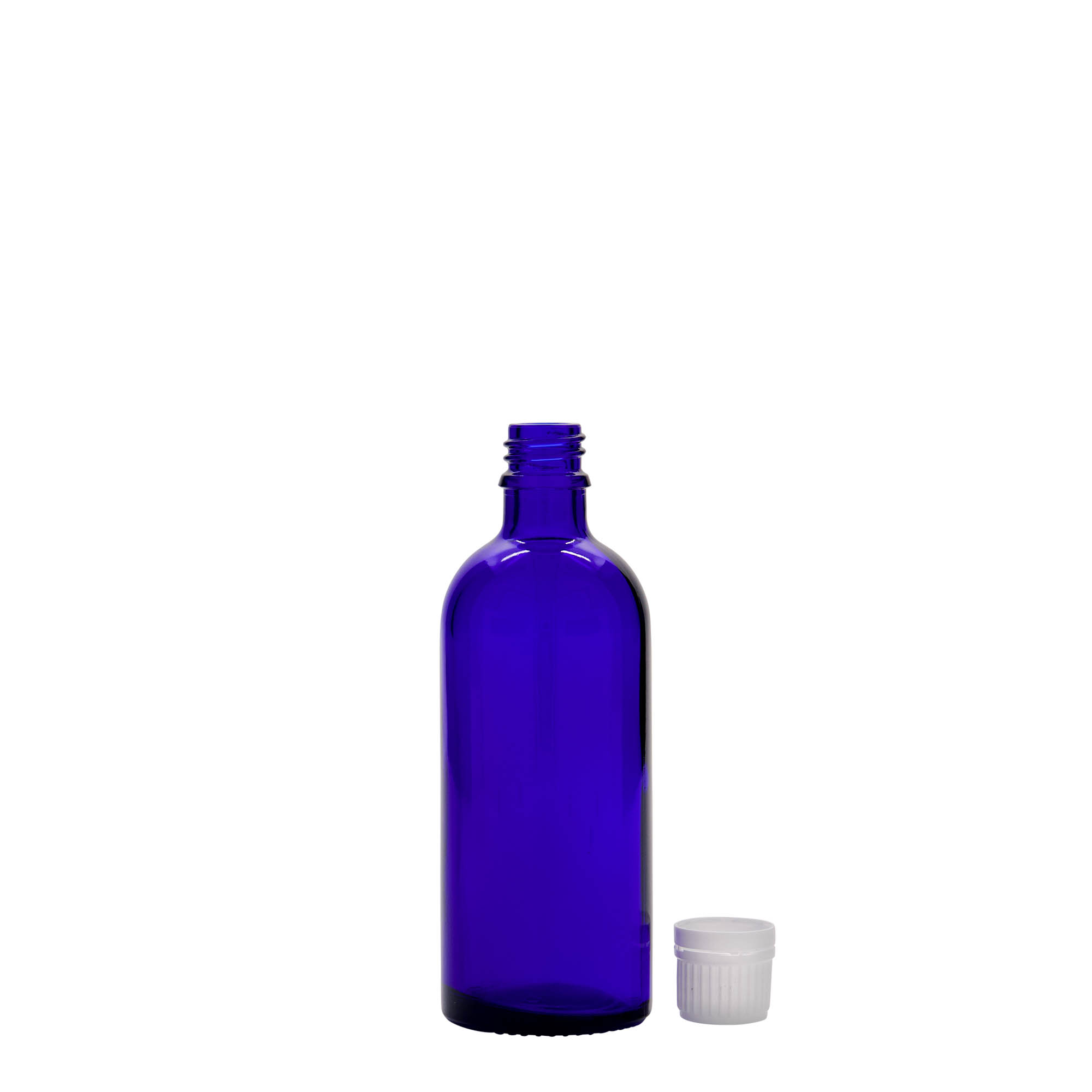 100 ml Medizinflasche, Glas, royalblau, Mündung: DIN 18 100 ml Medizinflasche, Glas, royalblau, Mündung: DIN 18