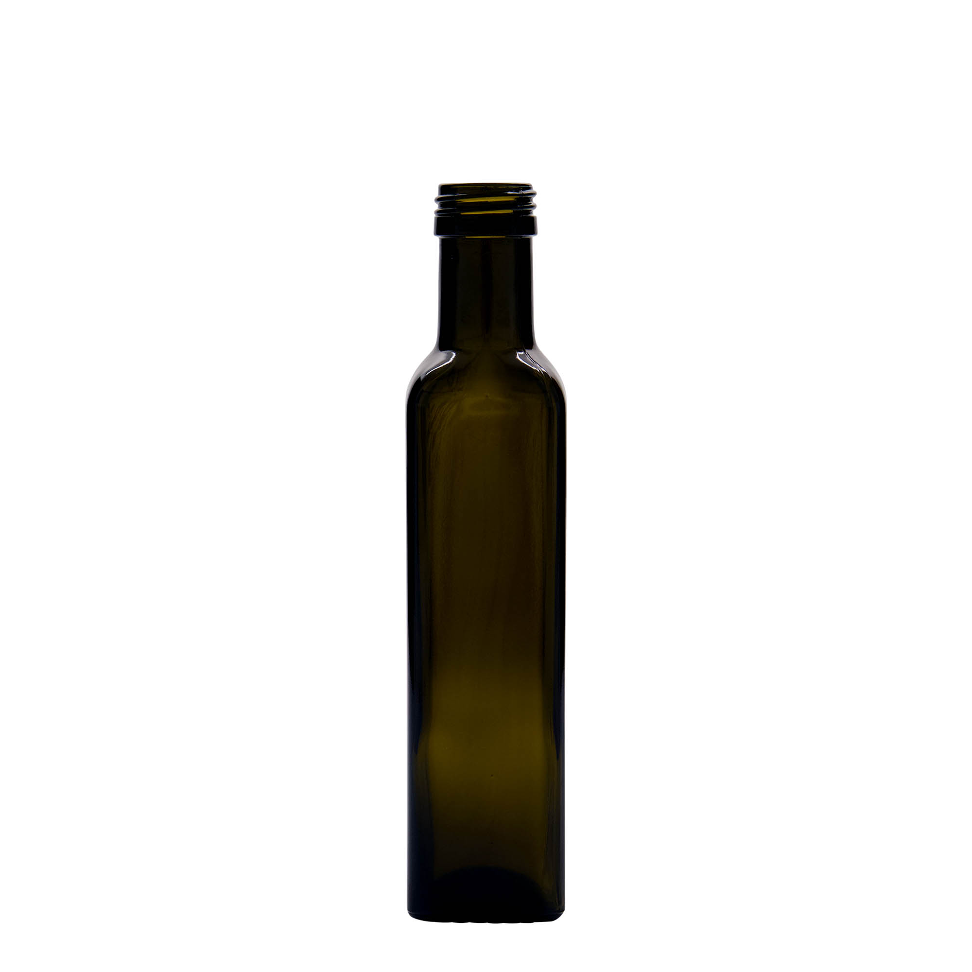 250 ml Glasflasche „Marasca“, quadratisch, antikgrün, Mündung: PP 31,5 250 ml Glasflasche „Marasca“, quadratisch, antikgrün, Mündung: PP 31,5