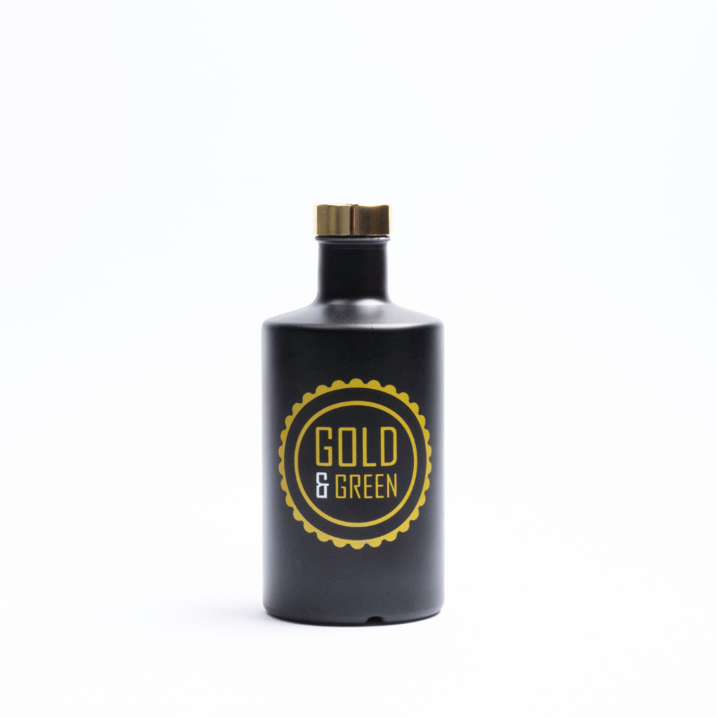 Schwarze Glasflasche Gold-&-Green-Logo Produktbeispiel: schwarze Glasflasche bedruckt mit Gold-&-Green-Logo