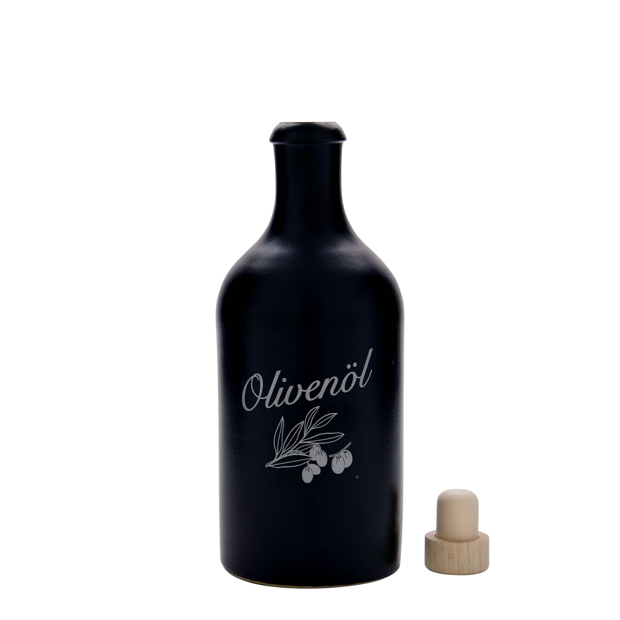 500 ml Tonkrug, Motiv: Olivenöl, Steinzeug, schwarz, Mündung: Kork 500 ml Tonkrug, Motiv: Olivenöl, Steinzeug, schwarz, Mündung: Kork