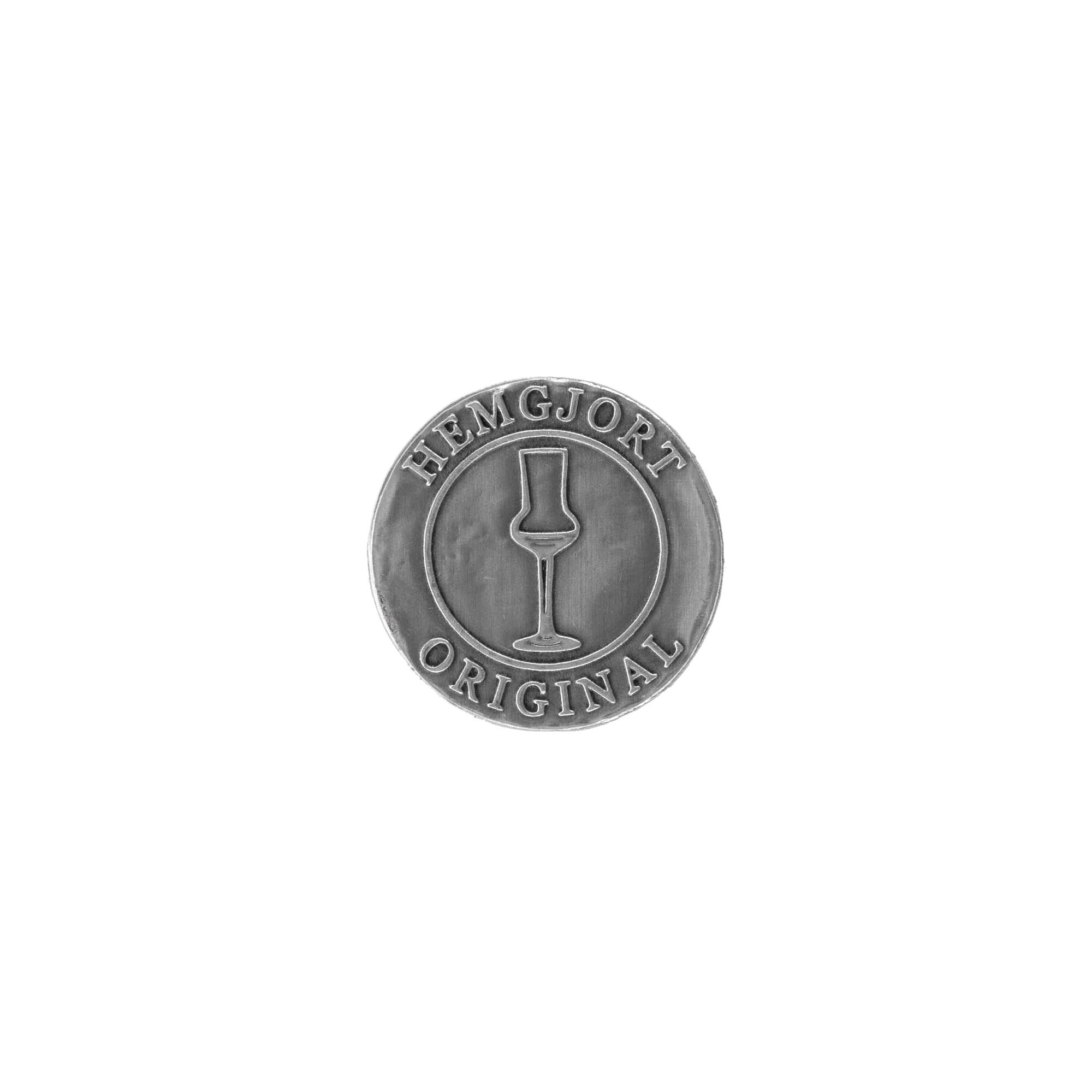 Zinnetikett 'Hemgjort Original', rund, Metall, silber Zinnetikett 'Hemgjort Original', rund, Metall, silber