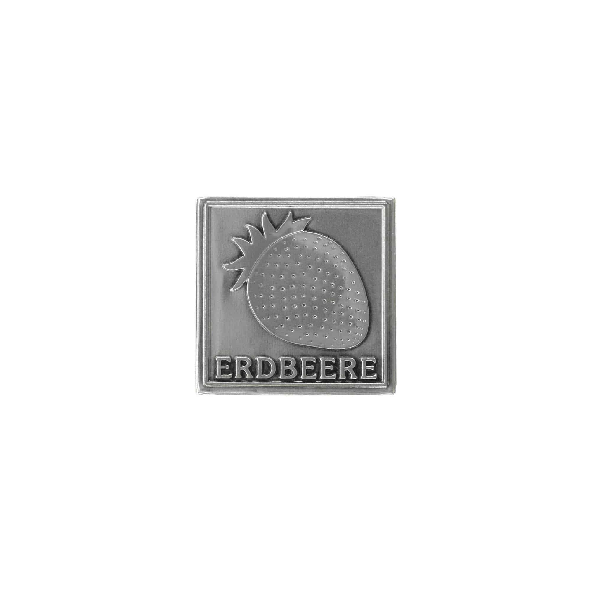 Zinnetikett „Erdbeere“, quadratisch, Metall, silber