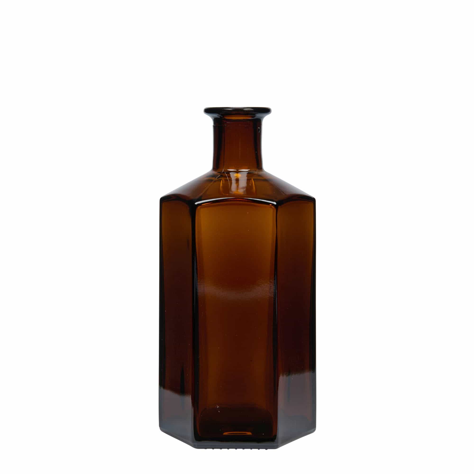 500 ml Glasflasche Apotheker 'Jimmy'. sechseckig. braun. Mündung: Kork
